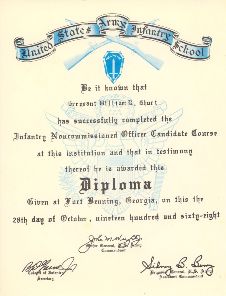 US Army Infantry School – Diploma October 28 1968